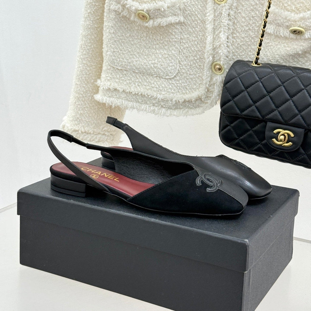 Chanel 26SS Color-Blocked Slingback Black Gray in Deerskin Cowhide 706359