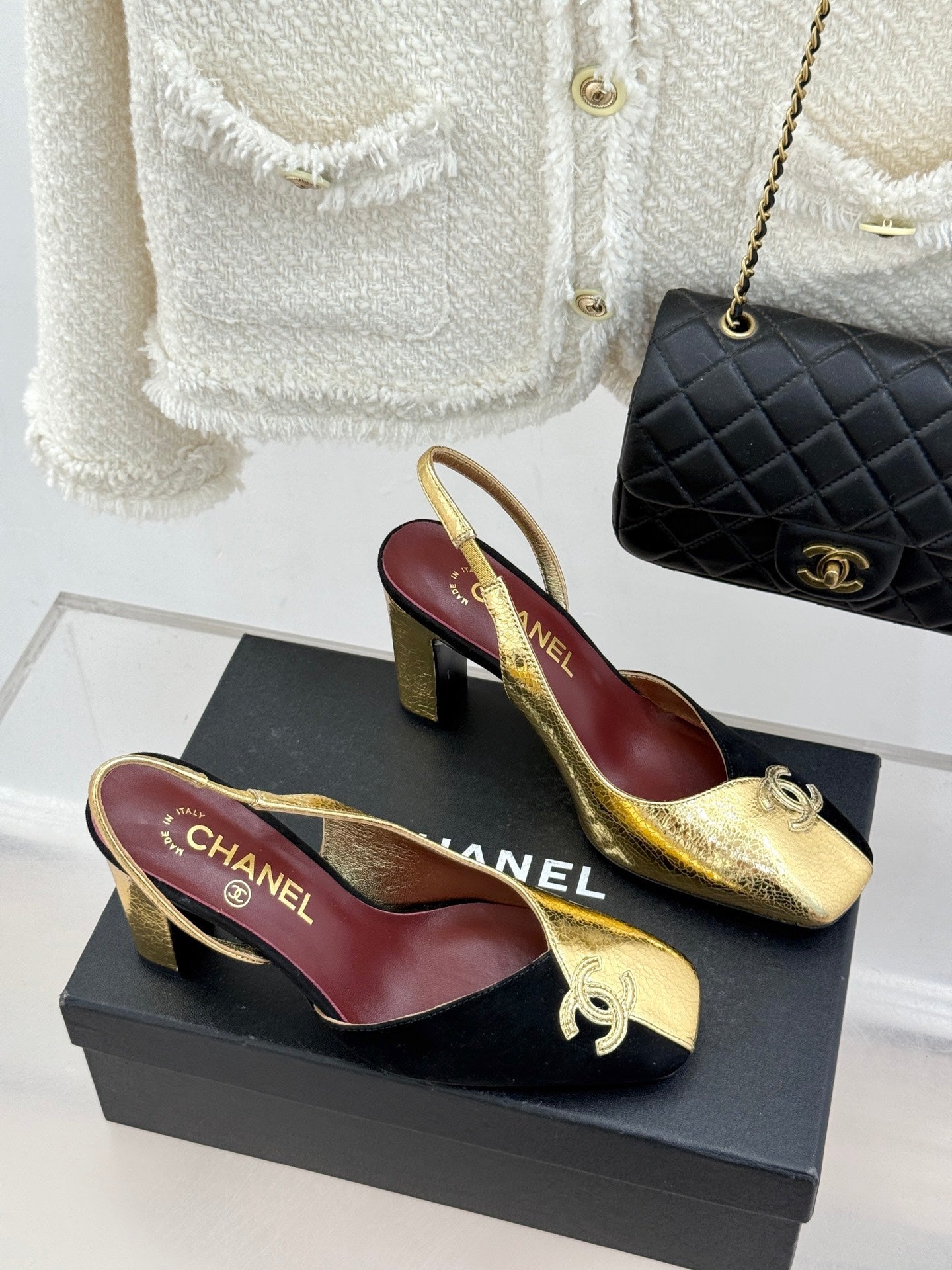 Chanel 26S Slingback 85mm Gold Black in Customized leather 706357