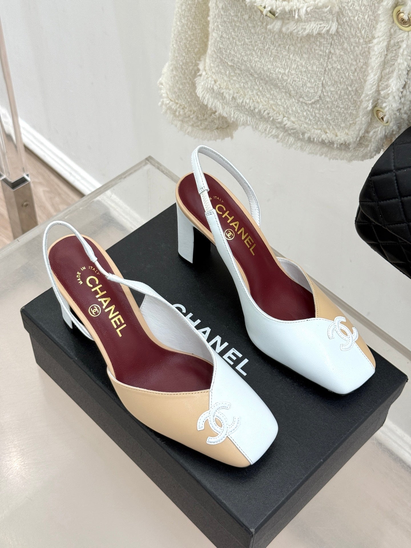 Chanel 26S Slingback 85mm Beige White in Cowhide 706355