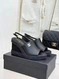 Chanel 26P Double C Rope Wedge Peep Toe Sandals Black in 706353