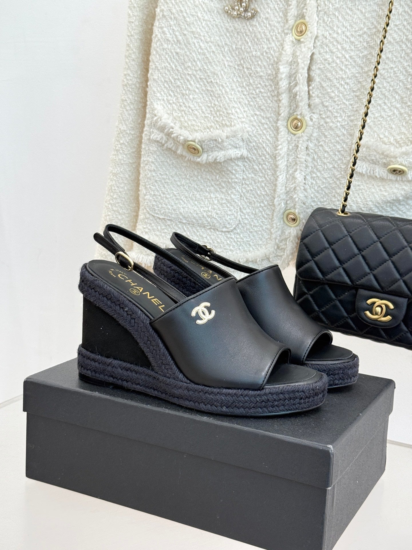 Chanel 26P Double C Rope Wedge Peep Toe Sandals Black in 706353