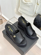 Chanel 26P Double C Rope Wedge Peep Toe Sandals Black in 706353