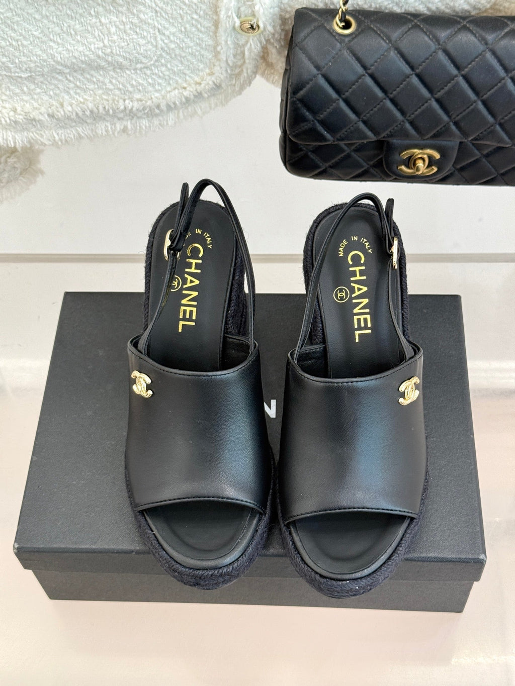 Chanel 26P Double C Rope Wedge Peep Toe Sandals Black in 706353