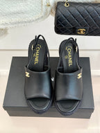 Chanel 26P Double C Rope Wedge Peep Toe Sandals Black in 706353