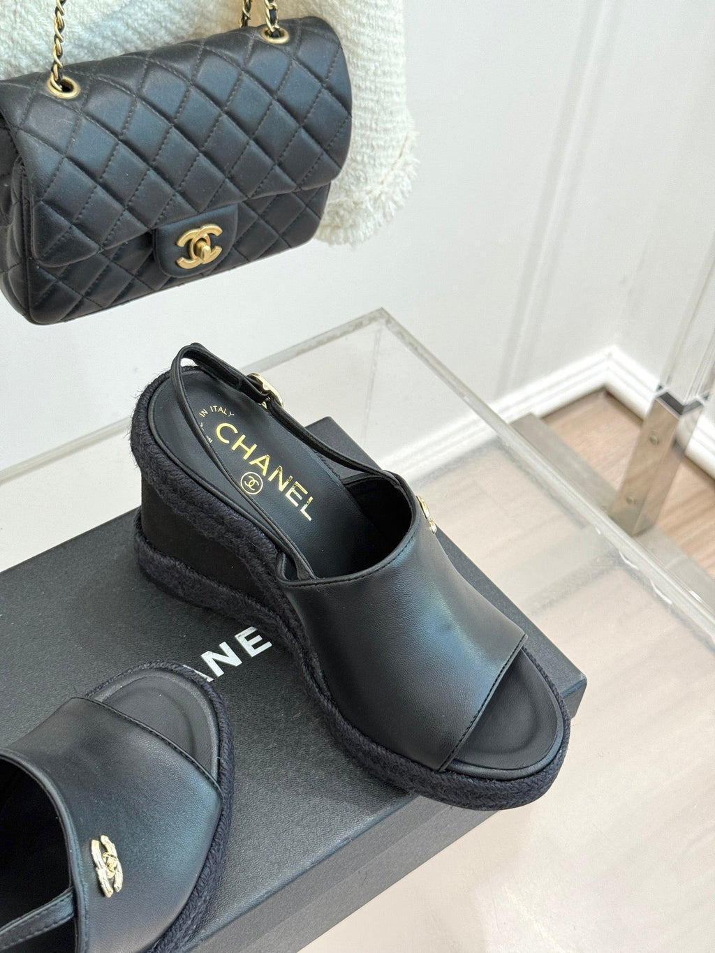 Chanel 26P Double C Rope Wedge Peep Toe Sandals Black in 706353