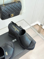 Chanel 26P Double C Rope Wedge Peep Toe Sandals Black in 706353
