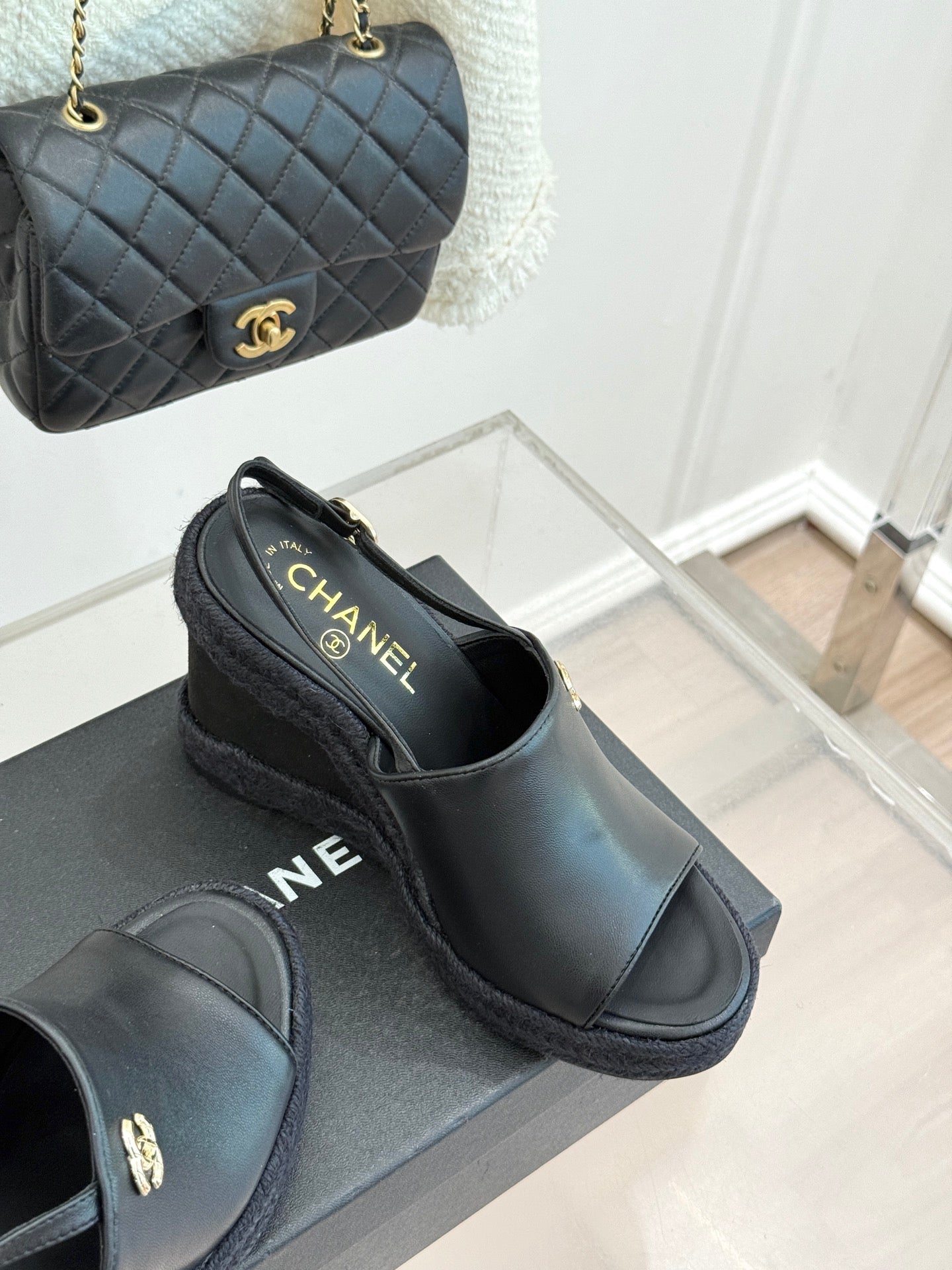 Chanel 26P Double C Rope Wedge Peep Toe Sandals Black in 706353
