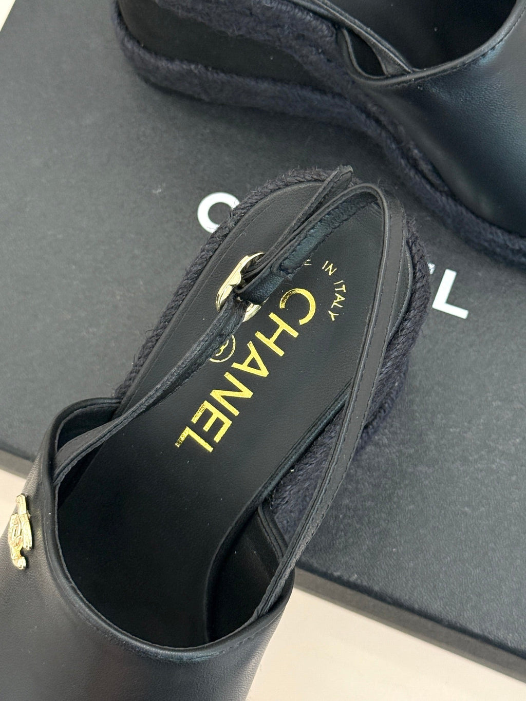 Chanel 26P Double C Rope Wedge Peep Toe Sandals Black in 706353