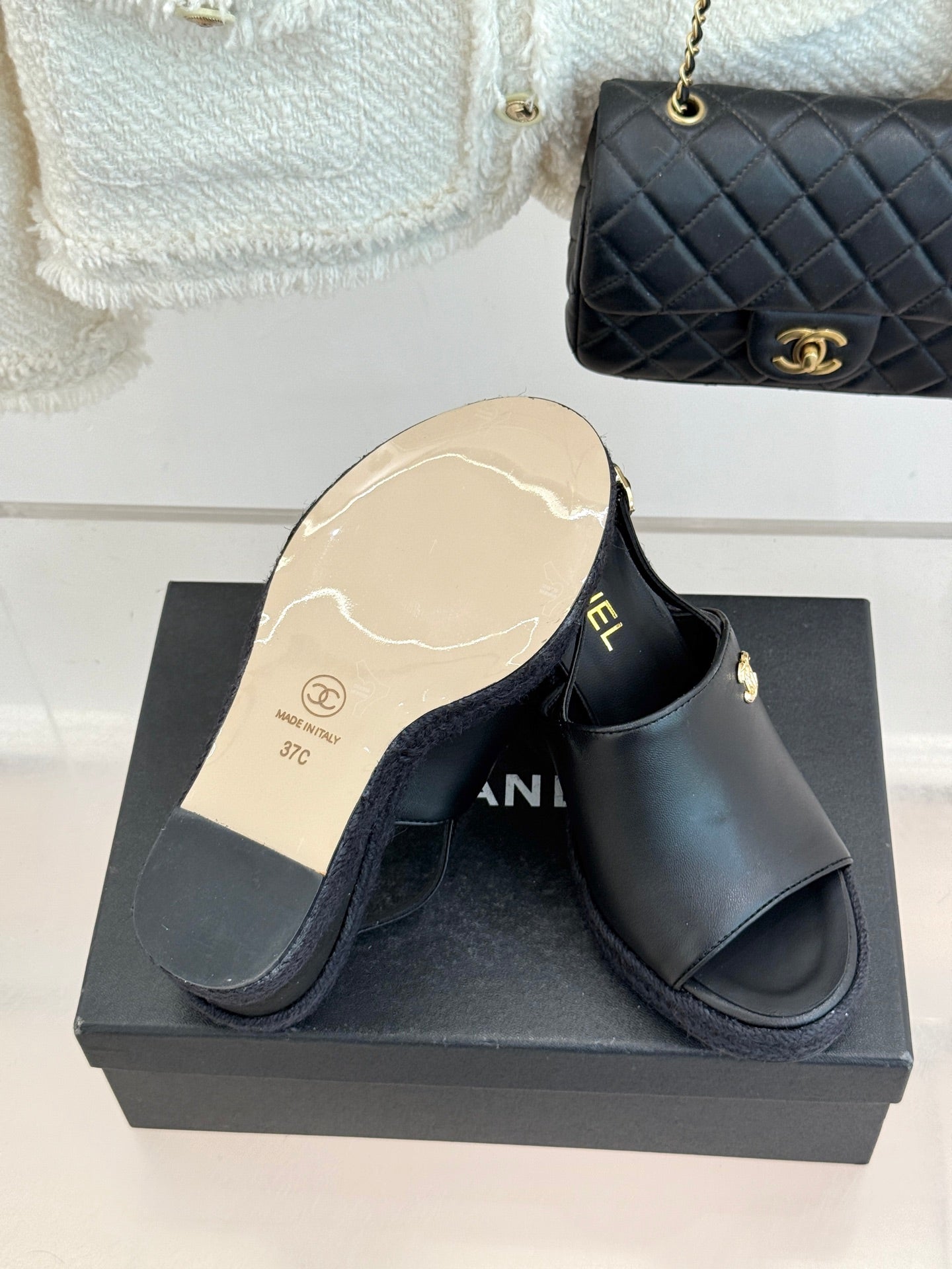 Chanel 26P Double C Rope Wedge Peep Toe Sandals Black in 706353