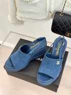 Chanel 26P Double C Rope Wedge Peep Toe Sandals Blue in Denim 706352