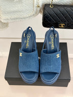 Chanel 26P Double C Rope Wedge Peep Toe Sandals Blue in Denim 706352