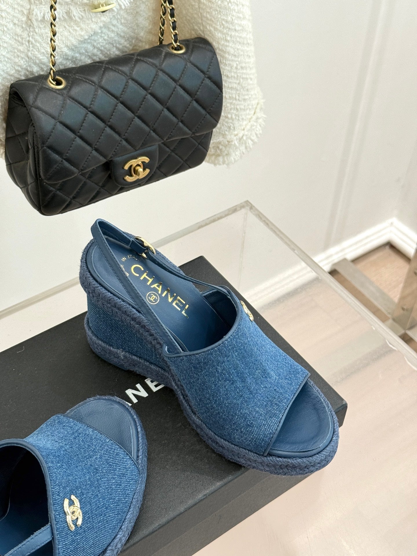 Chanel 26P Double C Rope Wedge Peep Toe Sandals Blue in Denim 706352