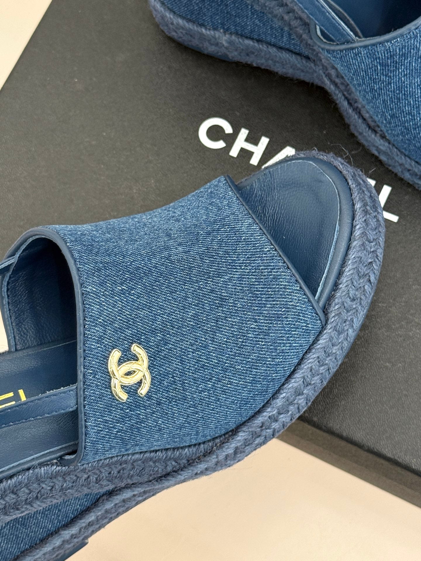 Chanel 26P Double C Rope Wedge Peep Toe Sandals Blue in Denim 706352