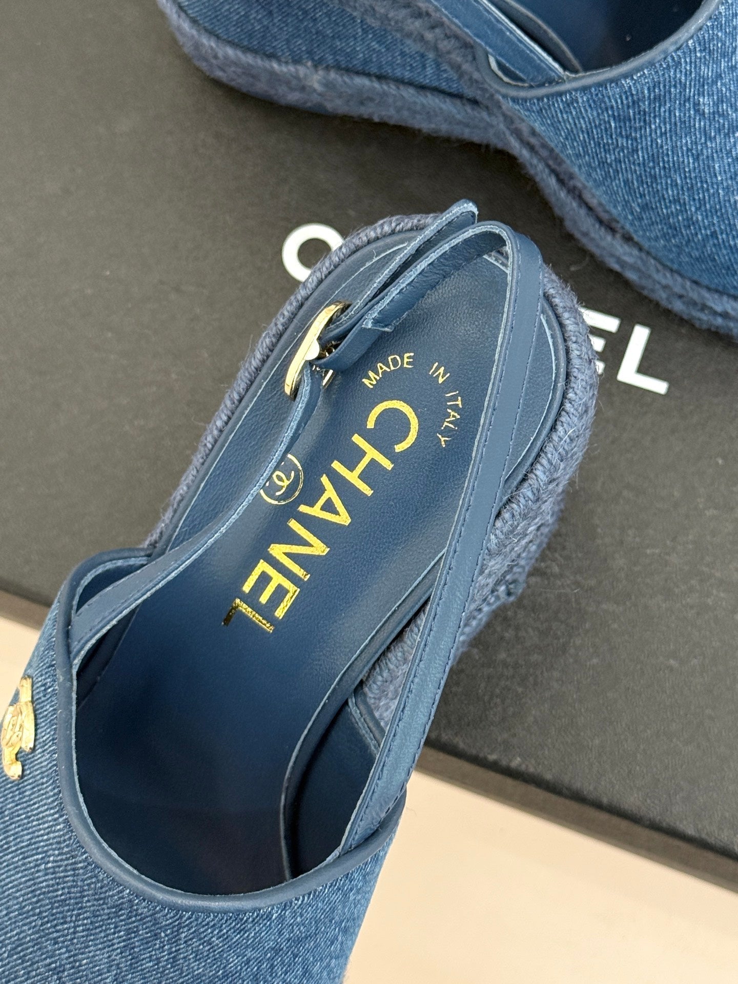 Chanel 26P Double C Rope Wedge Peep Toe Sandals Blue in Denim 706352