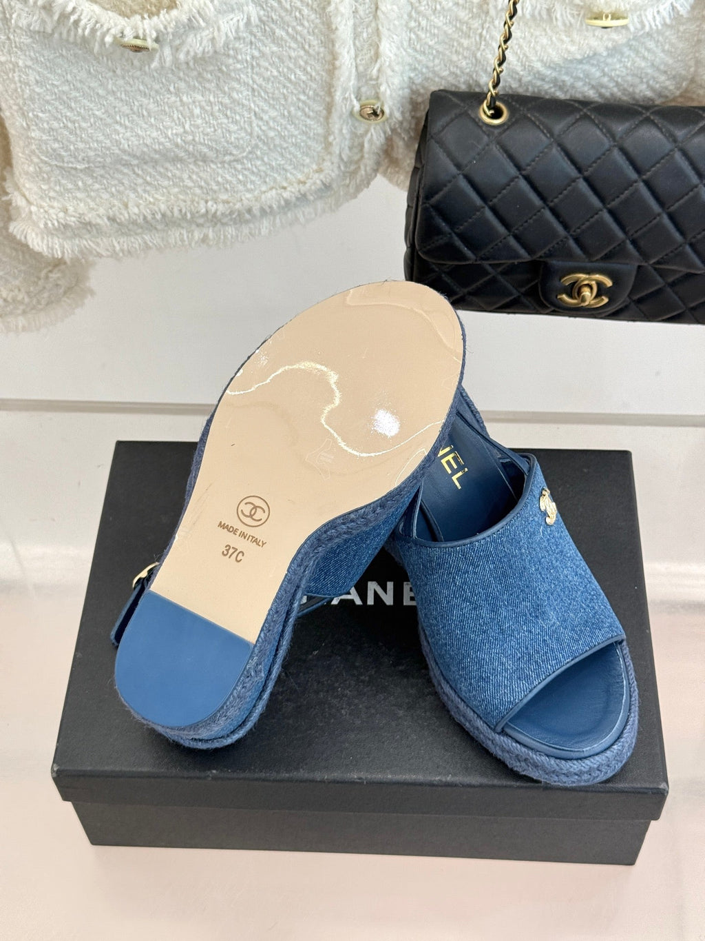 Chanel 26P Double C Rope Wedge Peep Toe Sandals Blue in Denim 706352