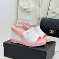 Chanel 26P Double C Rope Wedge Peep Toe Sandals Pink in Knit 706351