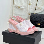 Chanel 26P Double C Rope Wedge Peep Toe Sandals Pink in Knit 706351
