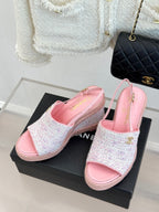 Chanel 26P Double C Rope Wedge Peep Toe Sandals Pink in Knit 706351