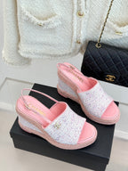 Chanel 26P Double C Rope Wedge Peep Toe Sandals Pink in Knit 706351