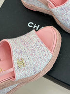 Chanel 26P Double C Rope Wedge Peep Toe Sandals Pink in Knit 706351
