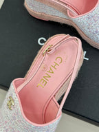Chanel 26P Double C Rope Wedge Peep Toe Sandals Pink in Knit 706351