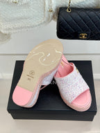 Chanel 26P Double C Rope Wedge Peep Toe Sandals Pink in Knit 706351