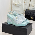 Chanel 26P Double C Rope Wedge Peep Toe Sandals Mint green in Knit 706350
