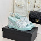 Chanel 26P Double C Rope Wedge Peep Toe Sandals Mint green in Knit 706350