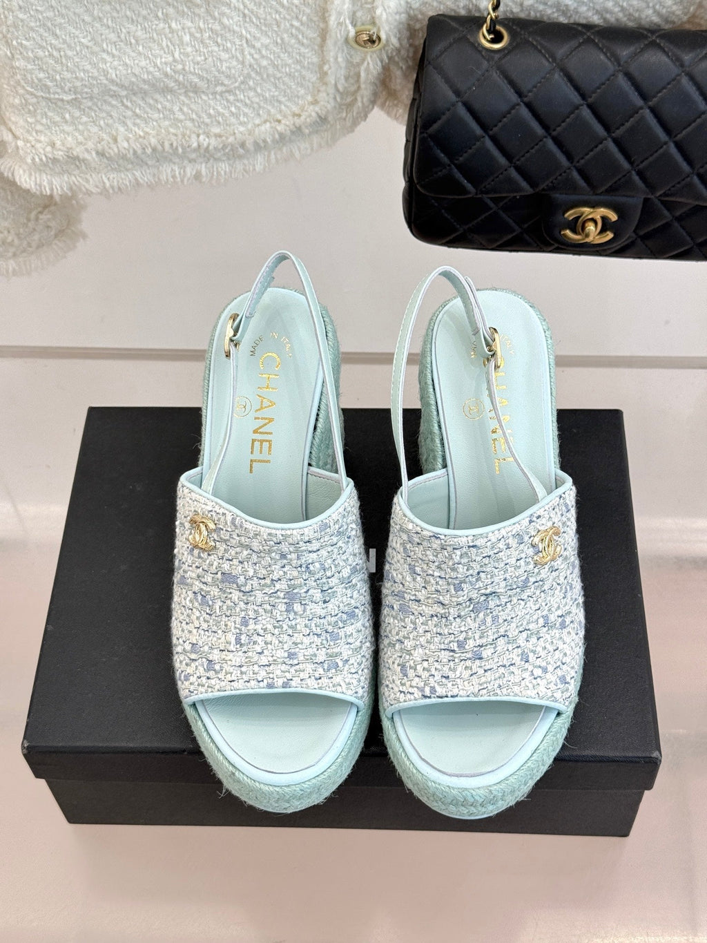 Chanel 26P Double C Rope Wedge Peep Toe Sandals Mint green in Knit 706350