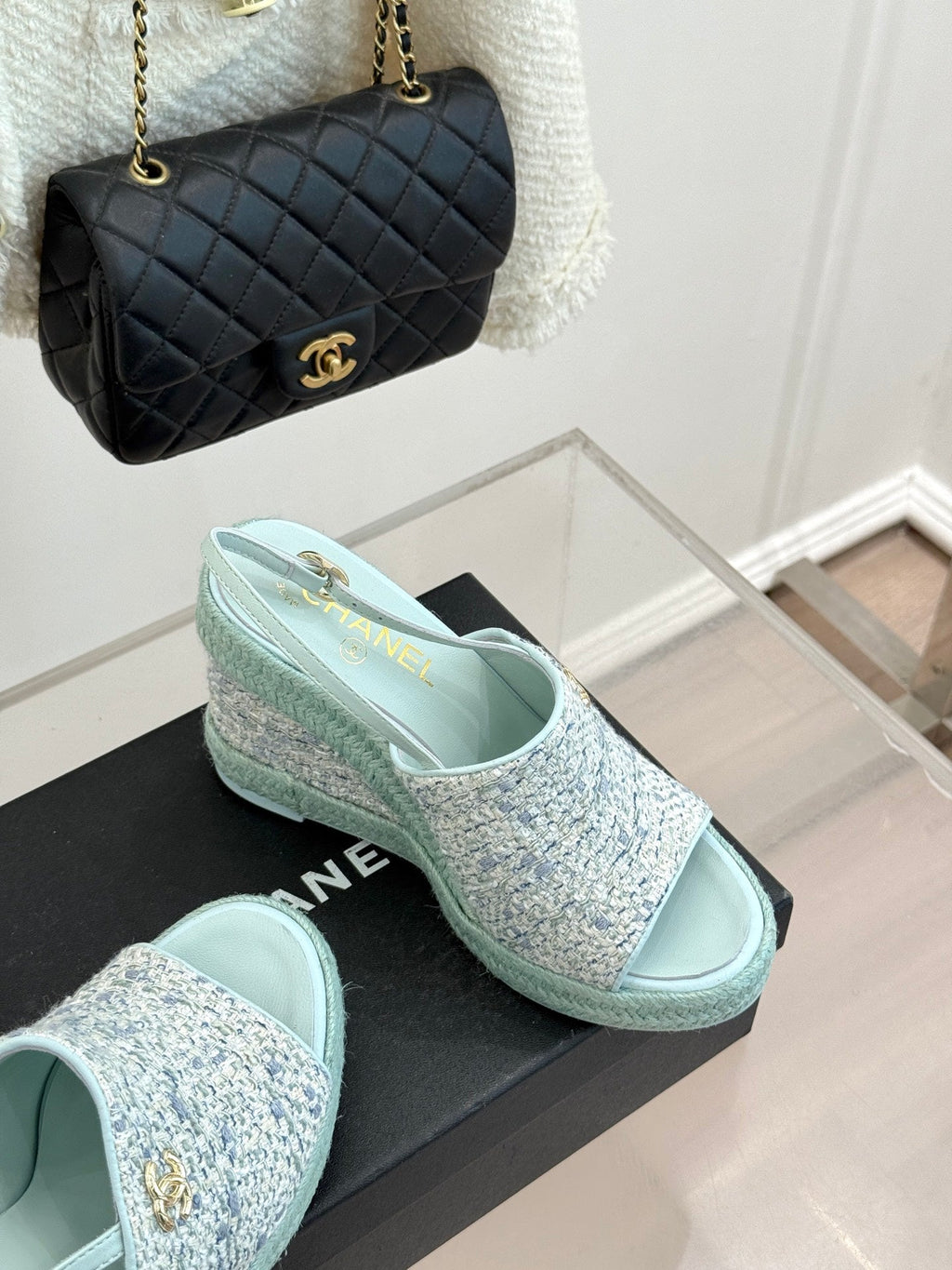 Chanel 26P Double C Rope Wedge Peep Toe Sandals Mint green in Knit 706350