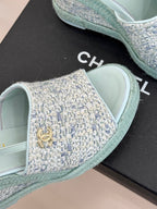 Chanel 26P Double C Rope Wedge Peep Toe Sandals Mint green in Knit 706350