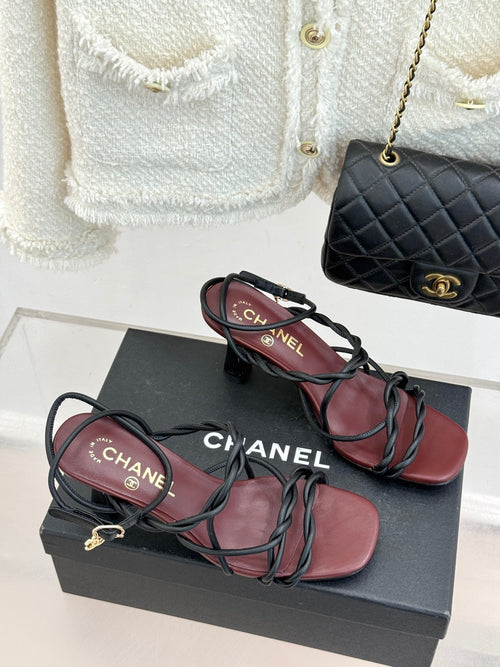 CC 26P Double C Strappy Square Toe High-Heeled 70 Sandals Burgundy in Cowhide 706348