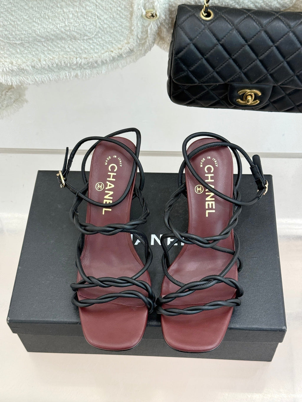 CC 26P Double C Strappy Square Toe High-Heeled 70 Sandals Burgundy in Cowhide 706348