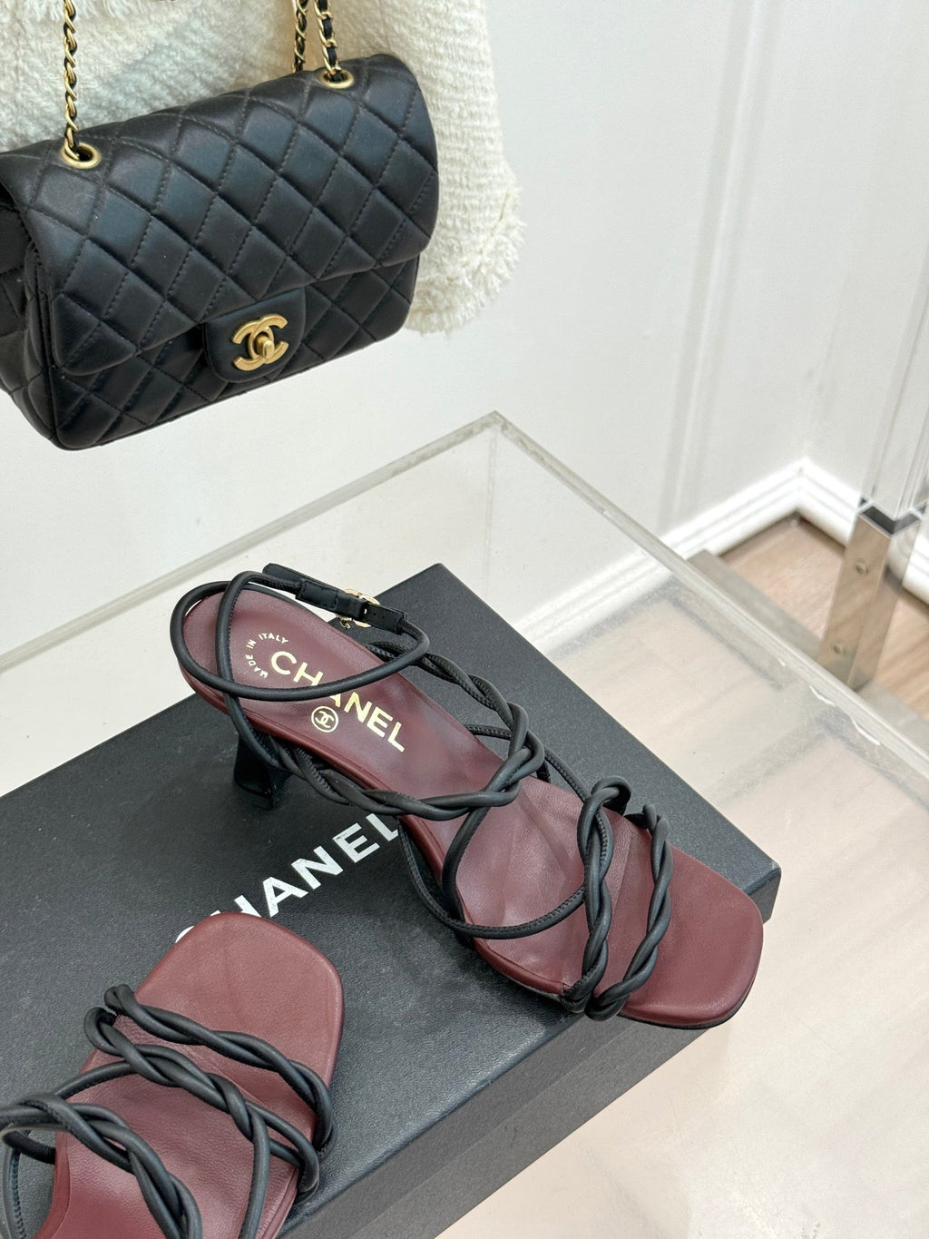 CC 26P Double C Strappy Square Toe High-Heeled 70 Sandals Burgundy in Cowhide 706348