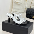 CC 26P Double C Strappy Square Toe High-Heeled 70 Sandals White in Cowhide 706347