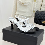 CC 26P Double C Strappy Square Toe High-Heeled 70 Sandals White in Cowhide 706347