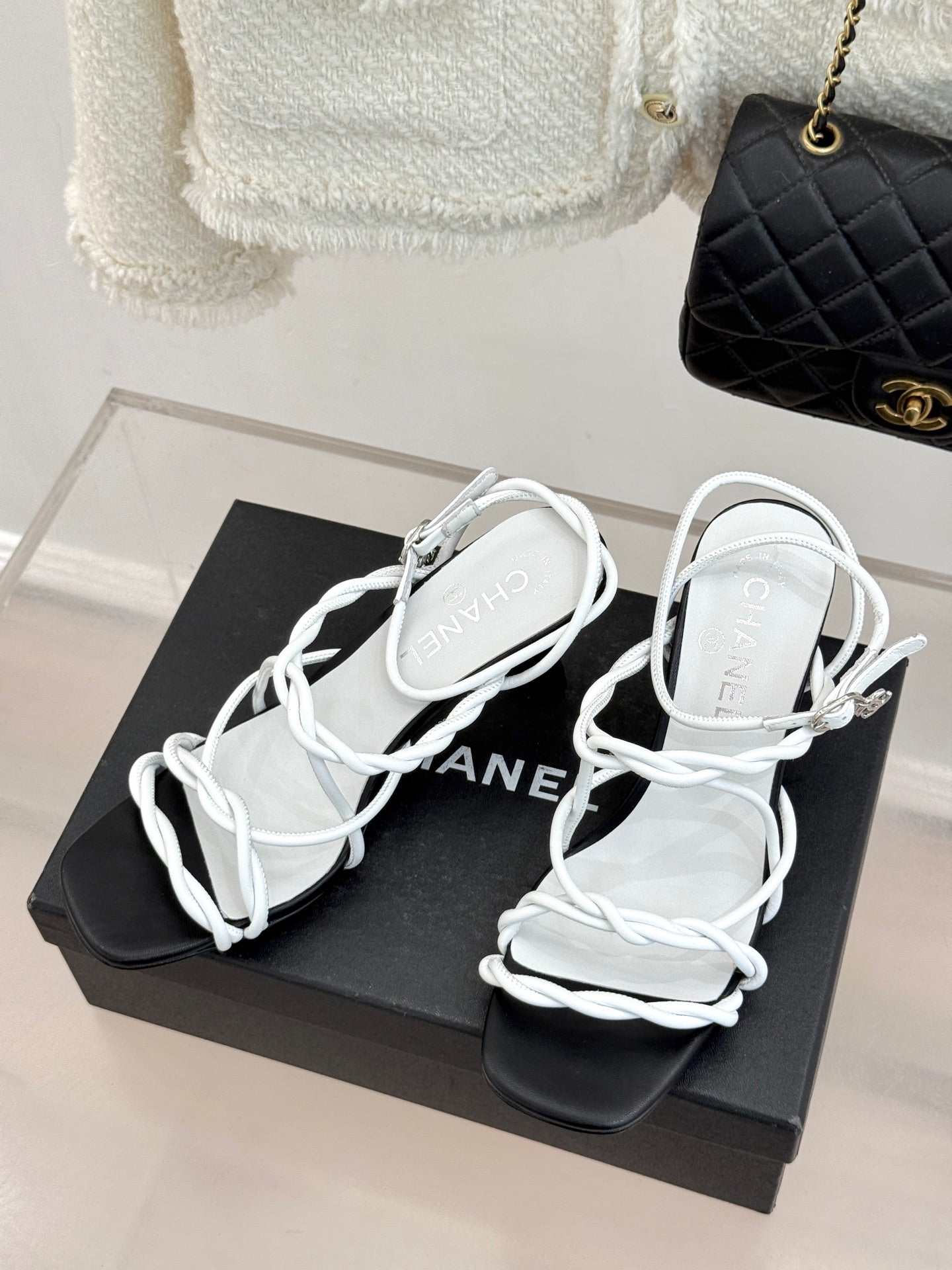 CC 26P Double C Strappy Square Toe High-Heeled 70 Sandals White in Cowhide 706347