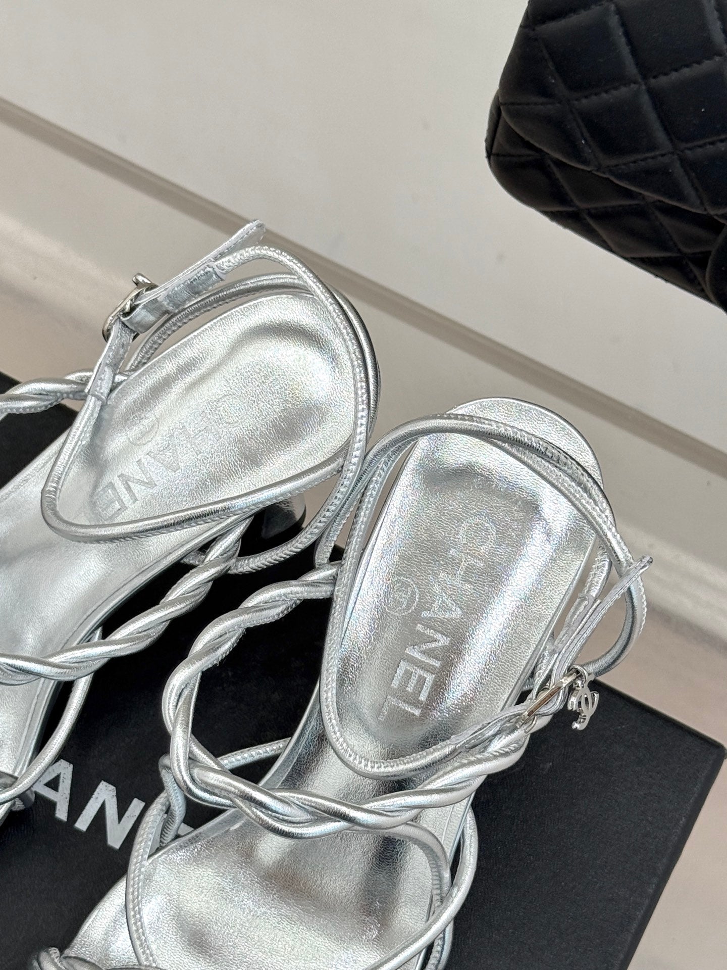 CC 26P Double C Strappy Square Toe High-Heeled 70 Sandals Silver in Cowhide 706346