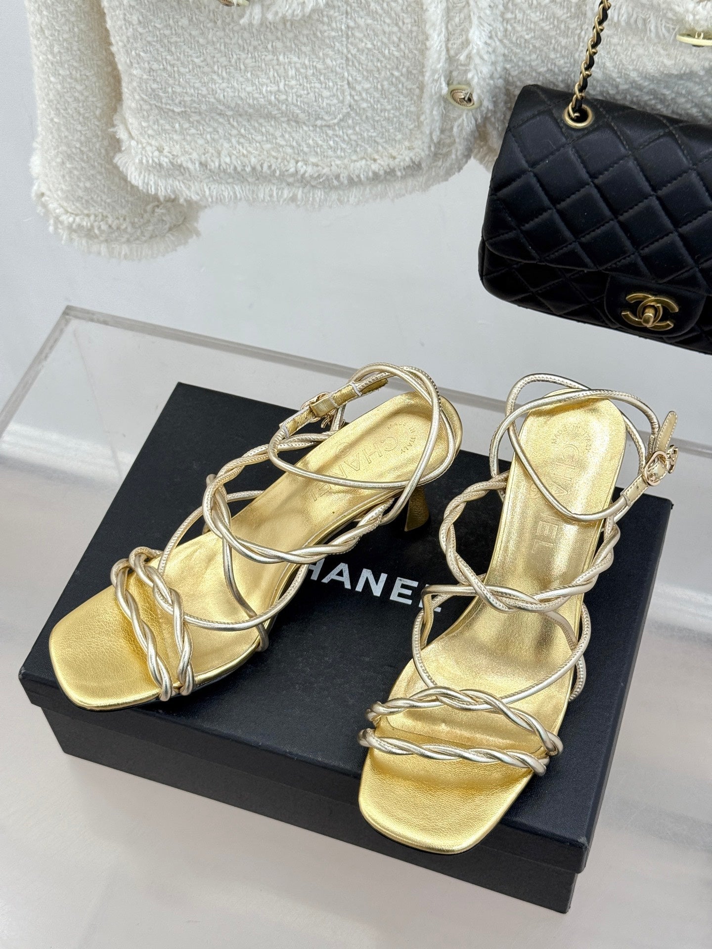 CC 26P Double C Strappy Square Toe High-Heeled 70 Sandals Gold in Cowhide 706345