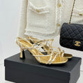 CC 26P Double C Strappy Square Toe High-Heeled 70 Sandals Gold in Cowhide 706345