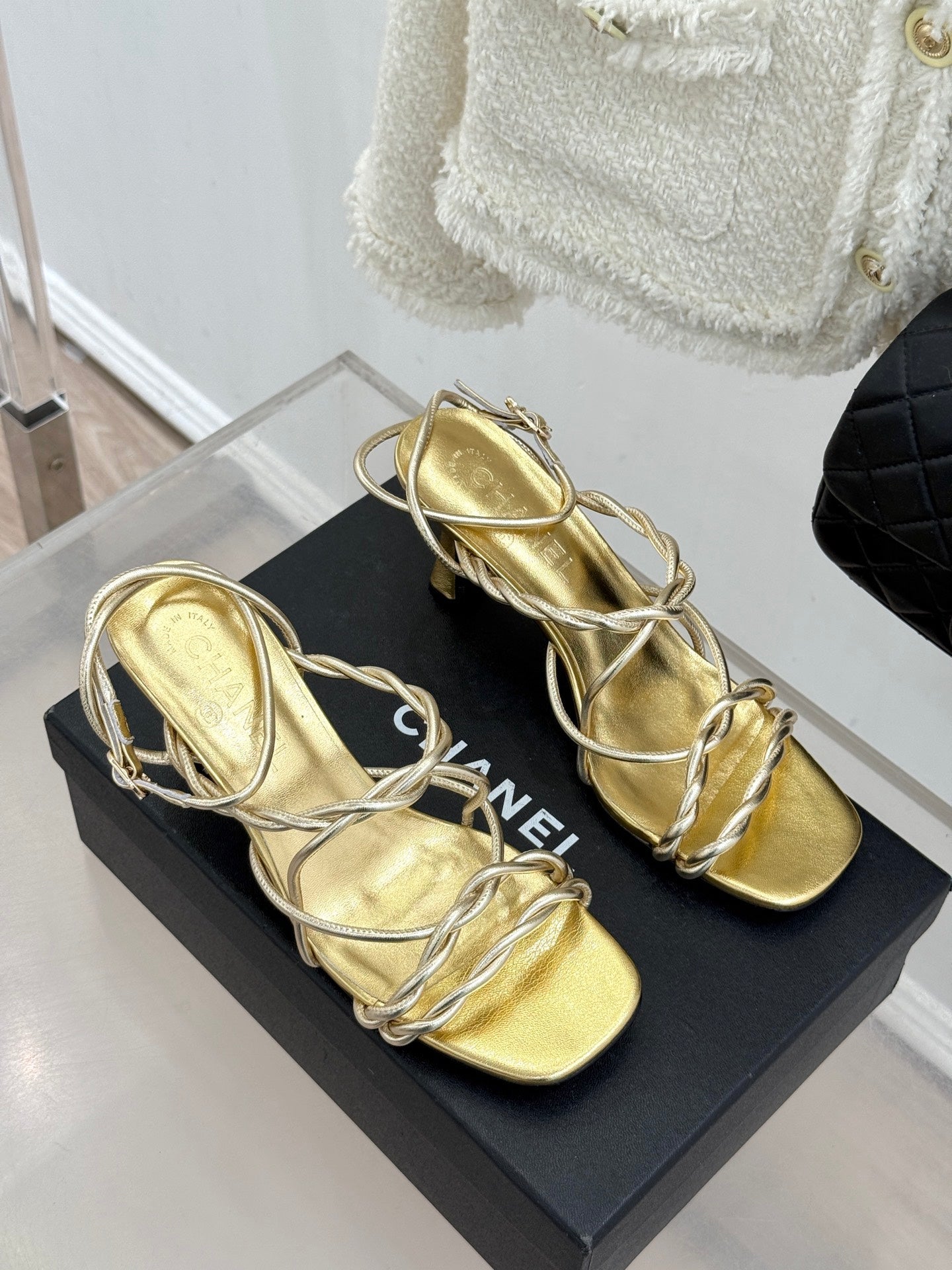CC 26P Double C Strappy Square Toe High-Heeled 70 Sandals Gold in Cowhide 706345