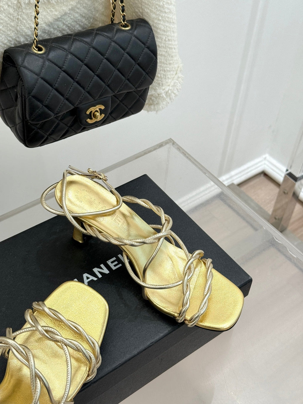 CC 26P Double C Strappy Square Toe High-Heeled 70 Sandals Gold in Cowhide 706345