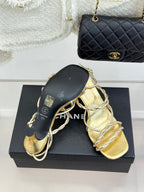 CC 26P Double C Strappy Square Toe High-Heeled 70 Sandals Gold in Cowhide 706345
