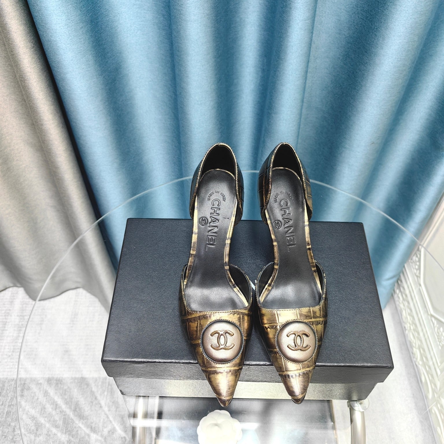 Chanel Pointed-Toe   High Heels 70mm Bronze Yellow in Calfskin 712469