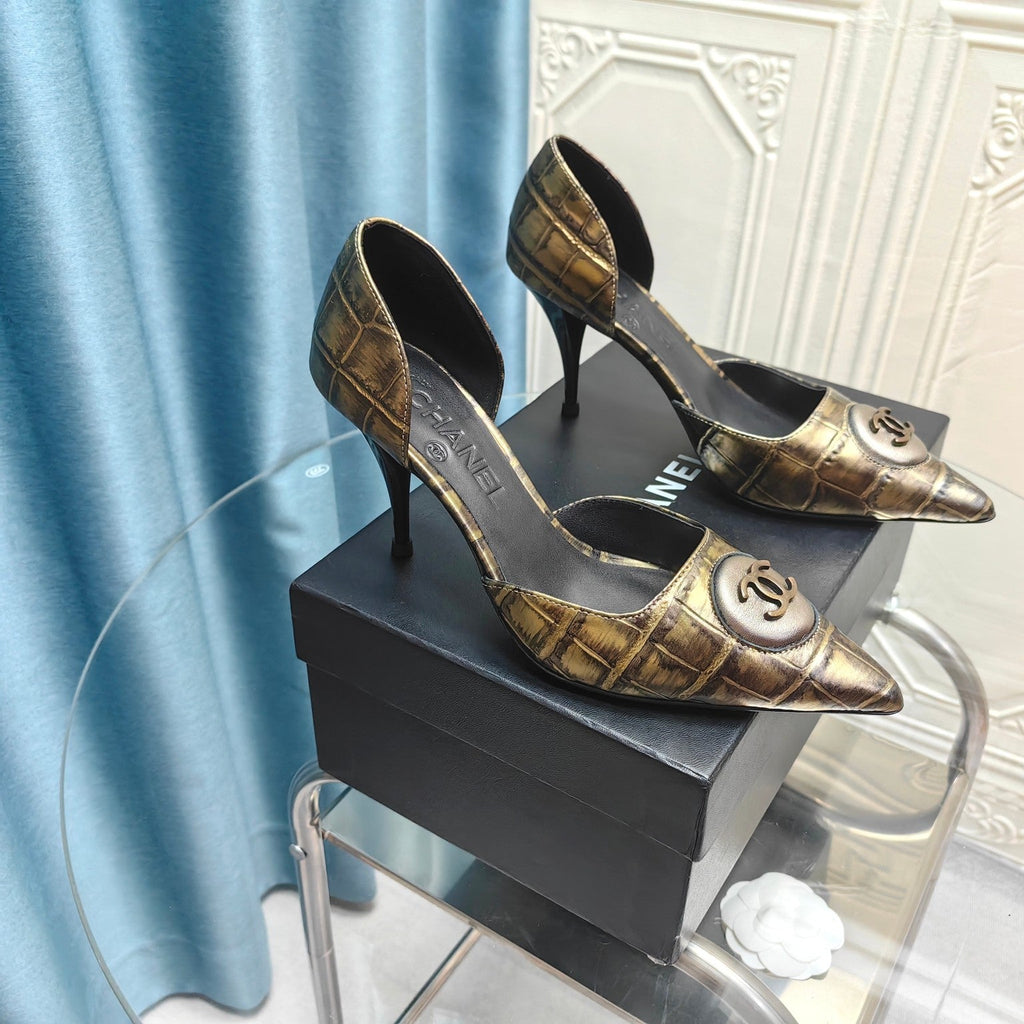 Chanel Pointed-Toe   High Heels 70mm Bronze Yellow in Calfskin 712469