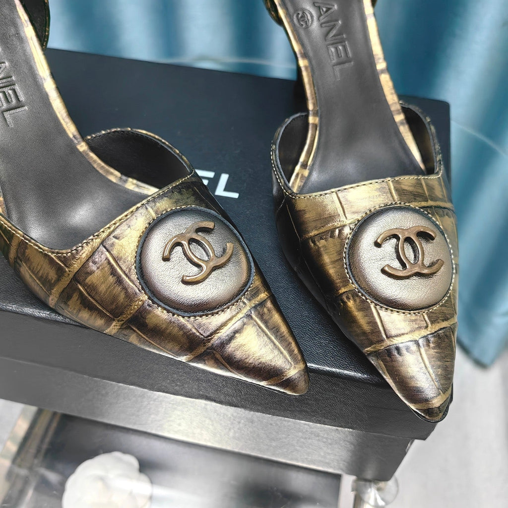Chanel Pointed-Toe   High Heels 70mm Bronze Yellow in Calfskin 712469