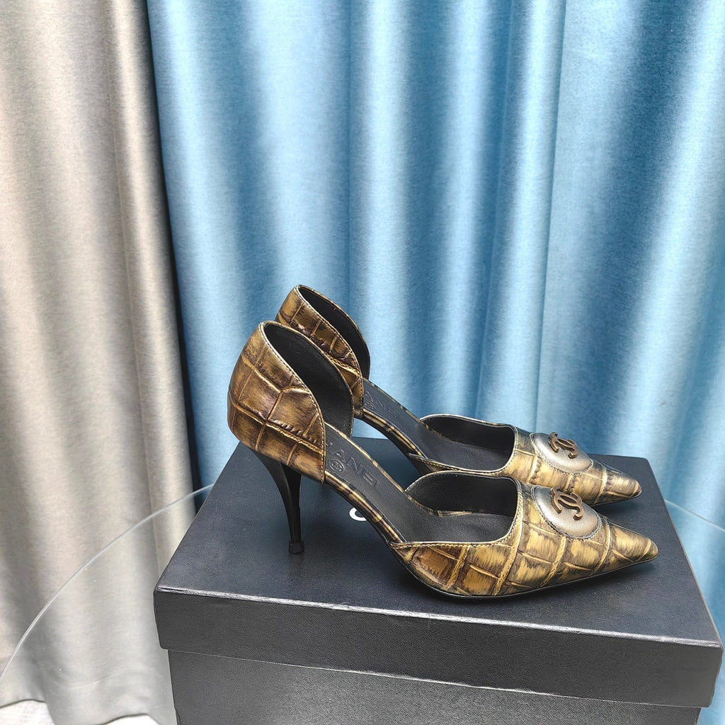 Chanel Pointed-Toe   High Heels 70mm Bronze Yellow in Calfskin 712469