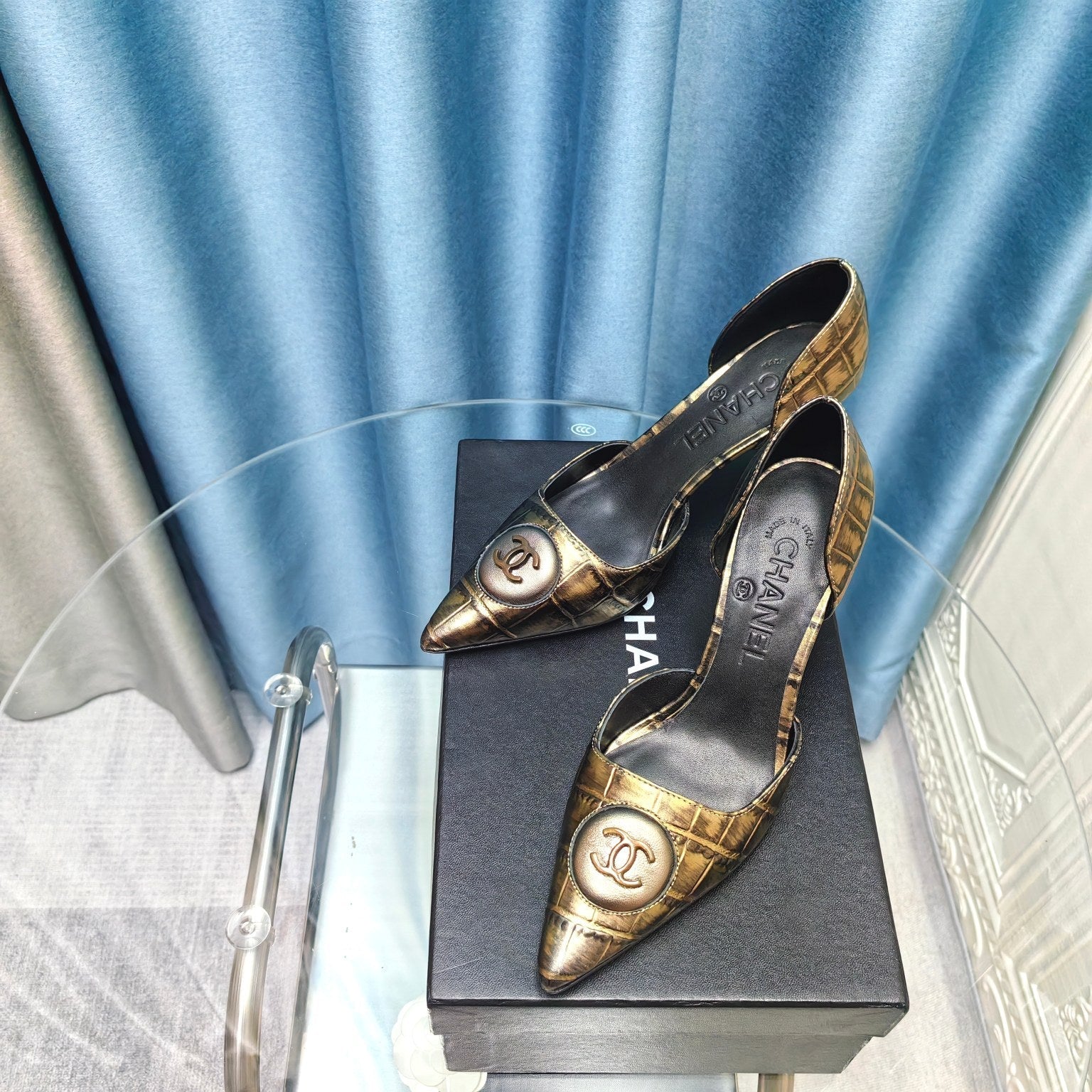Chanel Pointed-Toe   High Heels 70mm Bronze Yellow in Calfskin 712469