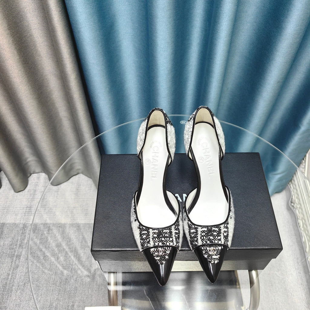 Chanel Pointed Toe   High Heels 70mm Black White in Coarse wool fabric 712466