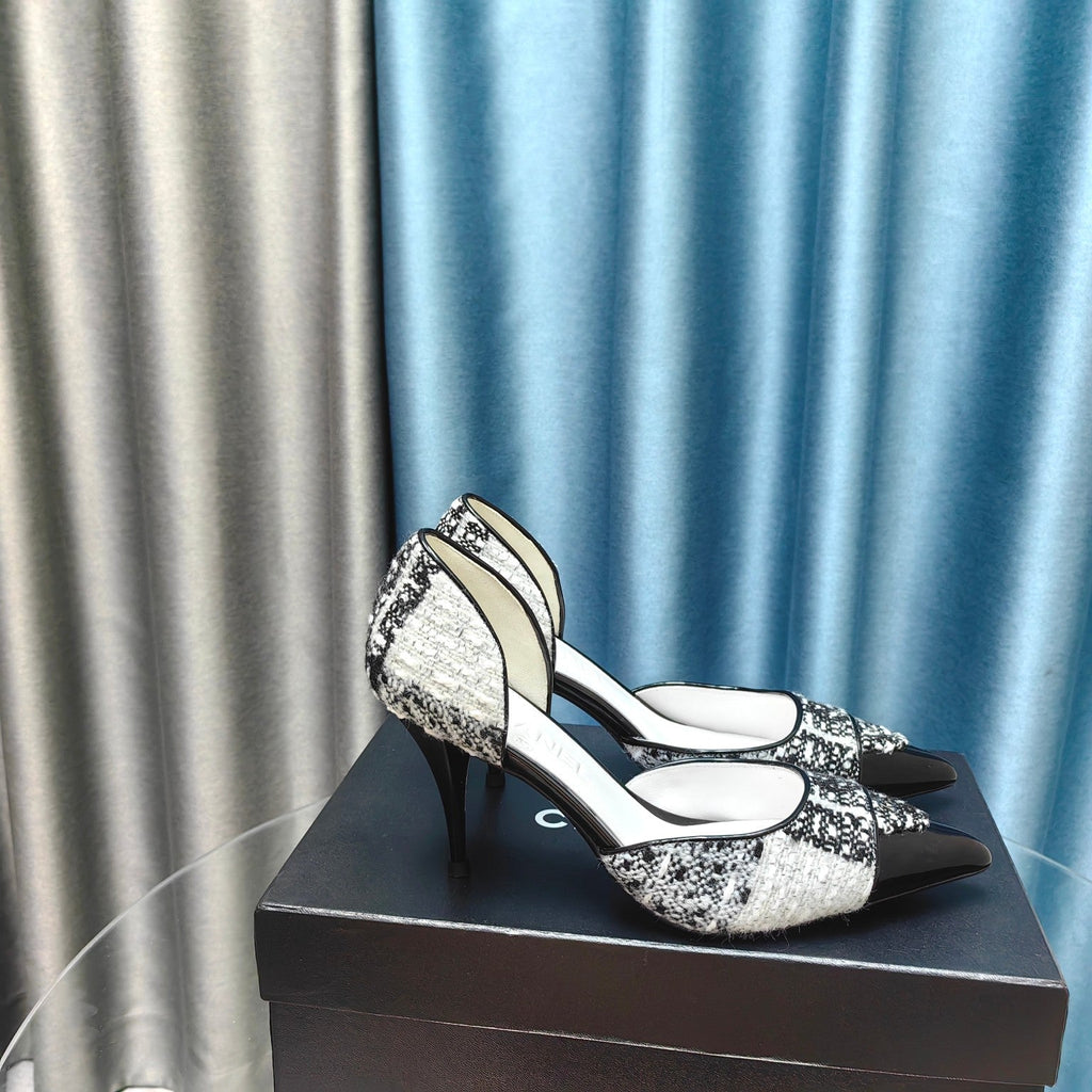 Chanel Pointed Toe   High Heels 70mm Black White in Coarse wool fabric 712466